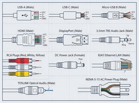 Assorted male cable connectors diagram illustration