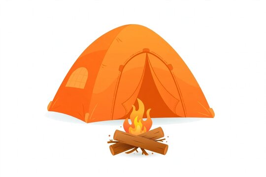 Orange camping tent with campfire, flat vector illustration isolated on white background