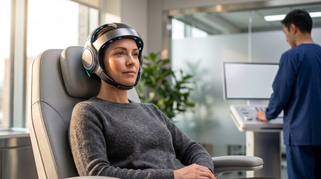 Woman wearing high tech neural headset in clinical research facility highlighting futuristic brain stimulation technology and cognitive monitoring therapy