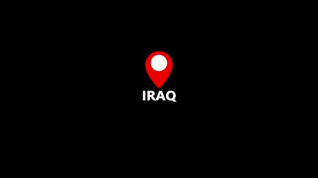 Animated Location Pin Pointer Showing Iraq on Black Background. GPS Map Marker Motion Graphics
