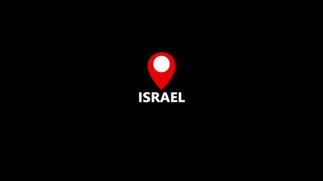 Red map pin icon with the word Israel on black background