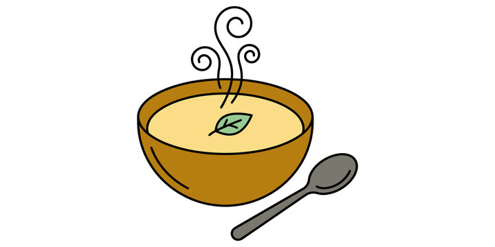 Bowl of hot cream soup with herbal garnish and silver spoon illustration for restaurant menu design culinary concepts.