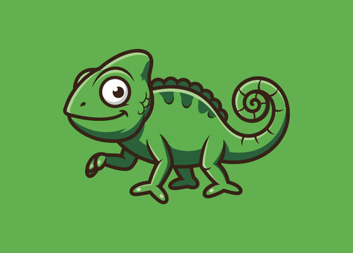 Cute cartoon chameleon walking on a simple green background illustration
