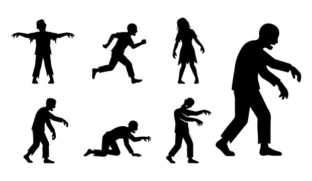 Zombie silhouettes set with figures shambling, running and crawling for Halloween or horror themes