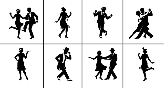 Flapper and gentleman silhouettes set with dancers in 1920s poses for vintage party or event design