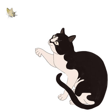 Korean minhwa style cat with a butterfly (transperant background)