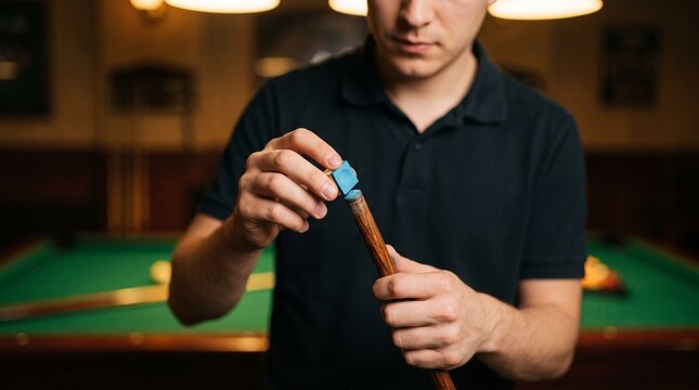 Close up of pool player rubbing blue chalk onto tip of wooden cue stick depicting pre-shot preparation, snooker game focus, and billiard hall leisure