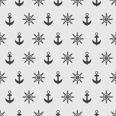 Seamless nautical pattern with ship wheel and anchor on background. © Vitchapon