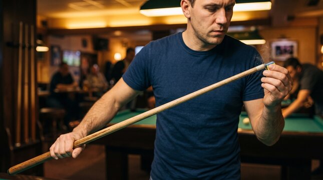 Focused man applying blue chalk to wooden cue tip while standing at green billiard table representing pool game technique, concentration, and evening recreation