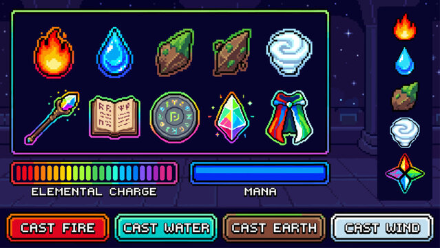 Pixel art fantasy game UI set, magic elemental icons and spell casting interface, retro RPG user interface vector with mana bar and elemental charge