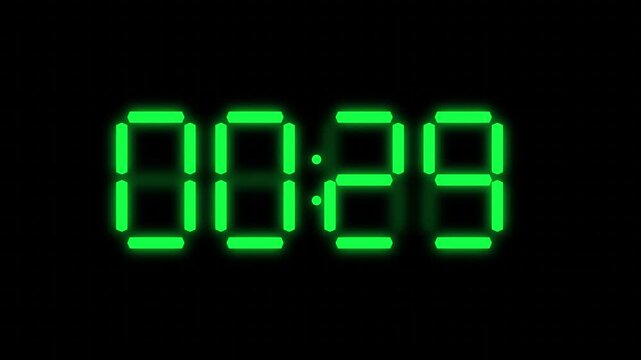 Digital Timer Countdown with glowing green numbers on black background in cinematic motion