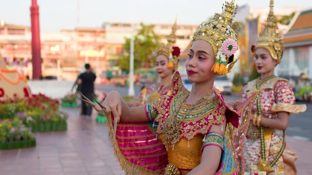 Traditional Thai Manohra Dancers Perform at Wat Suthat Thepwararam in Bangkok