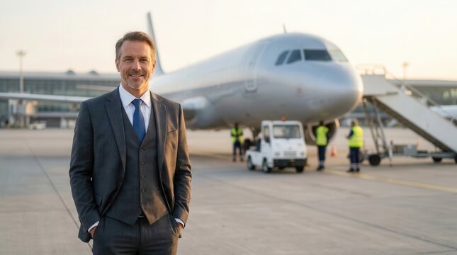 Professional businessman in a grey suit standing on the tarmac at a busy international airport