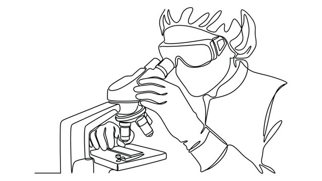 Continuous line drawing of a scientist using a microscope in a laboratory.