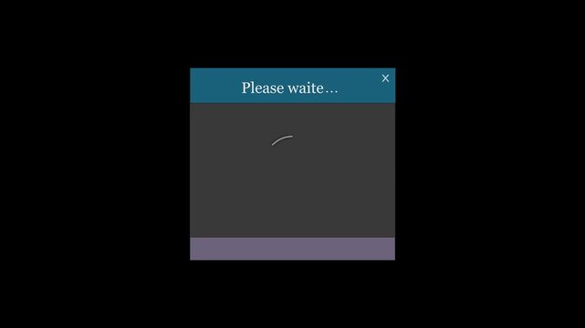 A digital interface showing a circular loading icon with a please wait message on a dark background.