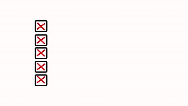 Five bullet point multiple choice checklist presentation boxes with crosses animation on white background. Red wrong incorrect cross square boxes for rejection, evaluation or form completion concepts