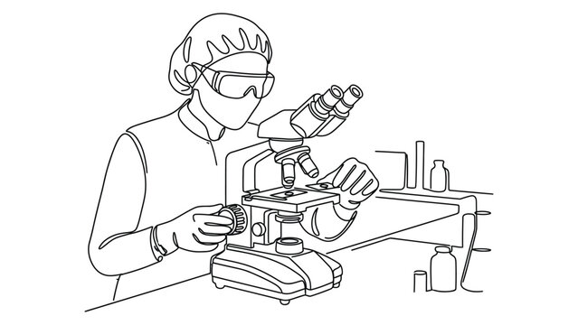 Continuous line drawing of a scientist using a microscope in a laboratory.