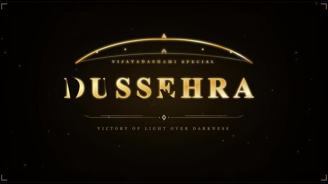 Dussehra vijayadashami golden text animation with bow and arrow symbol elegant cinematic festive spark particle intro greeting background celebration victory