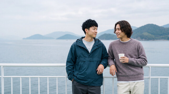 フェリーのデッキで海風を感じながら談笑する男性達 | 広がる青い海