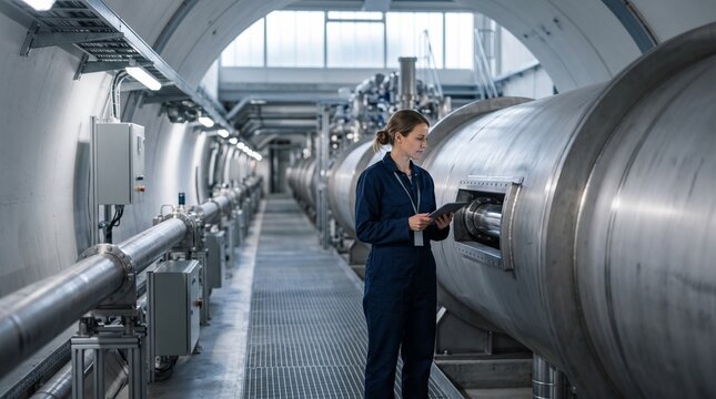 Female scientist using digital tablet to inspect large particle accelerator vacuum chamber in underground laboratory highlighting nuclear physics research and advanced engineering