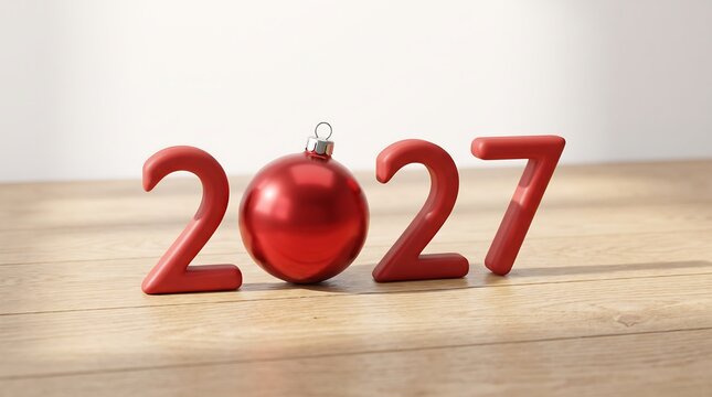 Red numbers forming two thousand twenty seven with a bauble shaped zero on wooden surface