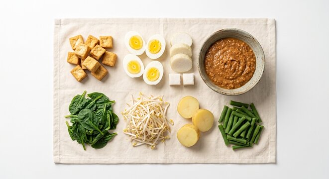 Fresh ingredients for gado gado salad arranged on a linen cloth