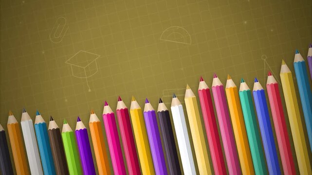 Colorful pencils row on brown background with educational icons clean flat illustration style back to school background for student learning projects