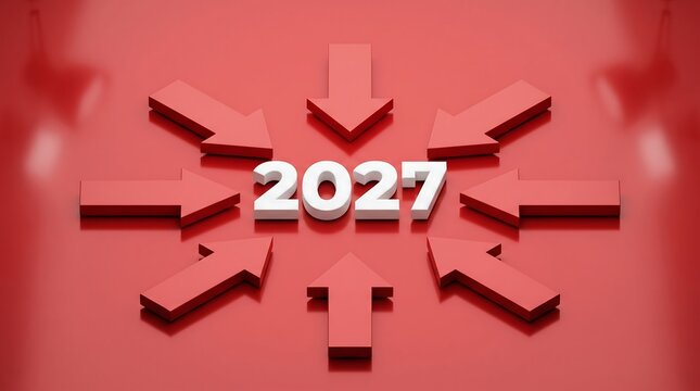 Multiple red arrows pointing down towards the year 2027 in a 3d rendering style