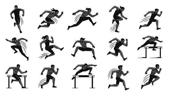 Running athlete silhouettes jumping over hurdles on white background