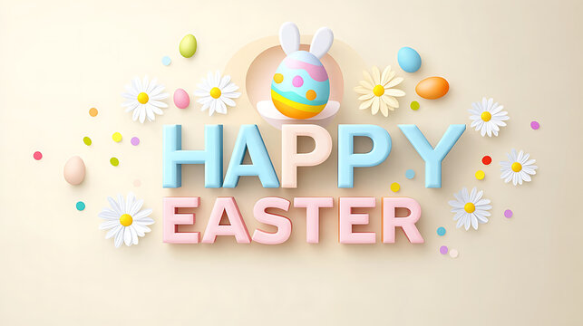 Clean commercial Easter typography banner featuring pastel Happy Easter text bunny ears egg and daisies