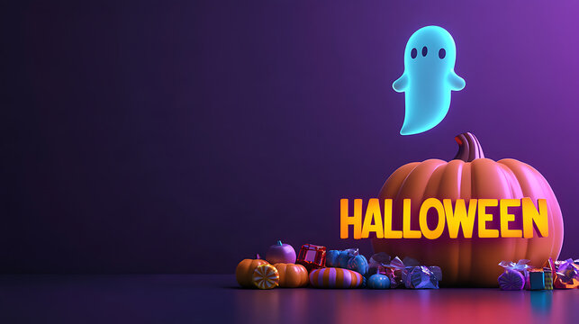 Commercial Halloween sale banner background with bold yellow Halloween text a glowing cyan ghost and pumpkin