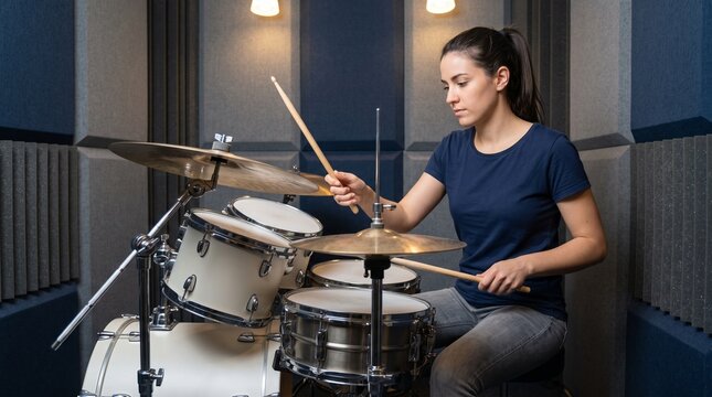 Young woman holding drumsticks over snare and hi-hat cymbals in acoustic studio depicting drum lesson, rhythm practice, and music instrument education