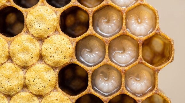 Bee Larvae Developing In Honeycomb