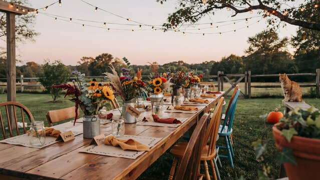 A long wooden dining table set for an outdoor autumn dinner party with sunflower bouquets, candles, and a cat sitting on the grass at sunset time