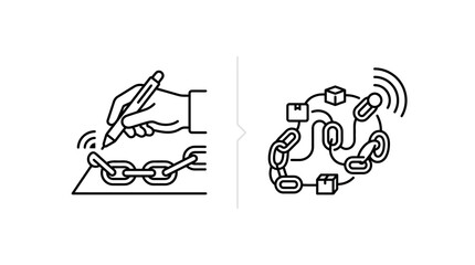 Fototapeta premium Blockchain chain sketching and decentralized network node icons.
