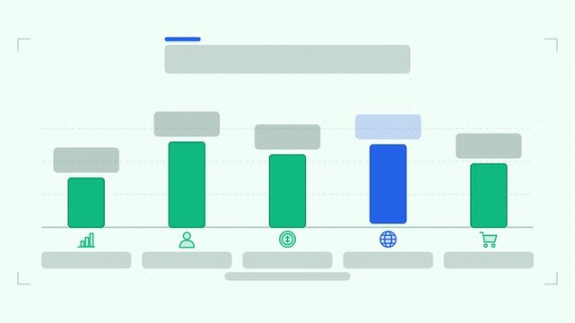 Seamless 4K looping animation of a bar chart infographic template with bars growing. Flat vector shapes, icons and grey text placeholders animate on a clean light background in fresh green tones, leav