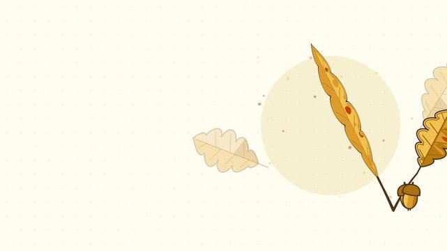Seamless 4K looping animation of oak leaf turning around stem, drawn as a minimal flat vector scene in orange and amber tones on a soft light background. Calm, gentle motion with plenty of empty space