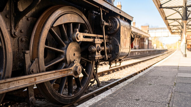 Old railway station platform with historic iron wheel of steam locomotive at sunset. Captivating details of vintage machinery highlight industrial heritage and nostalgic travel experience.