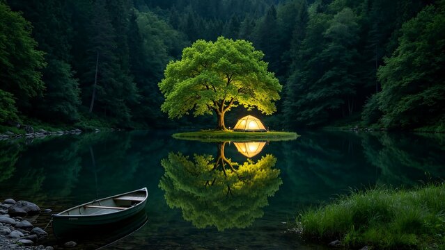 Glowing camping tent under big green tree on small island in the middle of calm forest lake with reflection, peaceful nature outdoor camping vacation concept