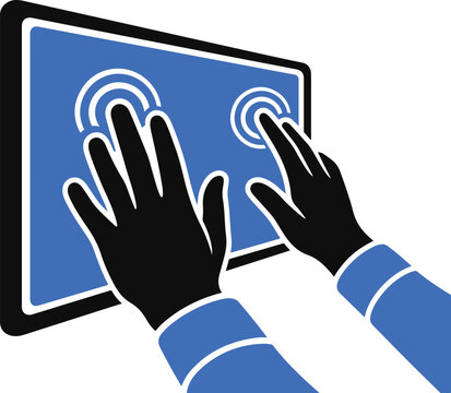 Multitouch tablet screen interaction icon with black hand gesture shapes and blue interface for digital device control.