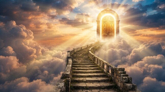 Stone stairway to heaven leading to glowing golden door among sunlit clouds