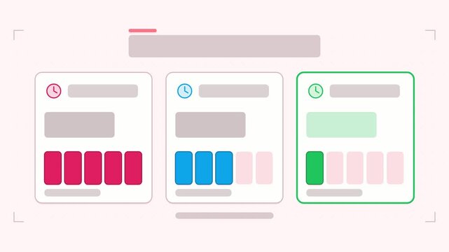 Animated countdown stages infographic in a modern flat vector style, blocks cascading in a smooth 4K loop. Blank text placeholders and warm red and coral accents sit on a bright light background so he