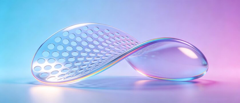 Transparent glass infinite infinity mobius strip with circular holes over soft blue pink gradient background, modern abstract digital technology endless connection concept