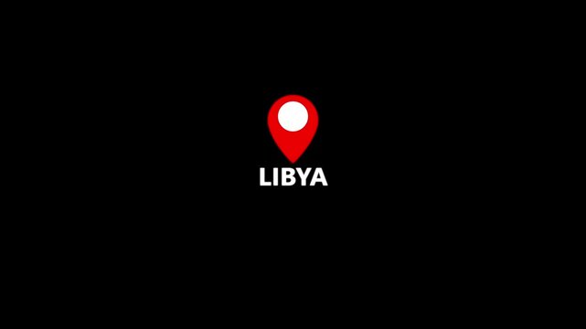 Libya location pin animation. Map marker icon with country name on black background 4k video
