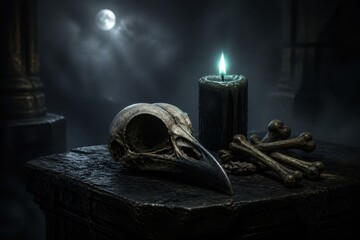 Fototapeta premium Gothic raven skull, bones, candlelit table under moonlight