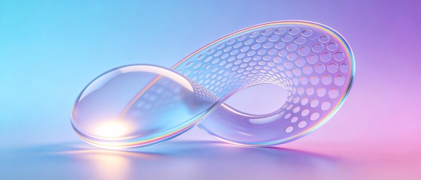 Transparent iridescent glass infinity mobius ring with circular holes over soft blue pink gradient background, modern abstract digital endless connection concept