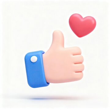 Cute 3D rendered cartoon hand giving thumbs up next to floating red heart, social media like love approval positive feedback abstract concept