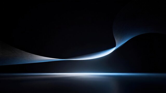 Glowing soft blue wavy curved line made of thin parallel stripes on dark black background, modern minimal abstract technology decorative background concept