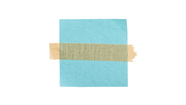 Turquoise paper note secured with beige masking tape, isolated on transparent background