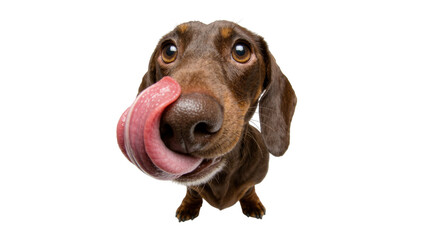 Brown dachshund dog with long pink tongue licking its nose, isolated on transparent background © Hans